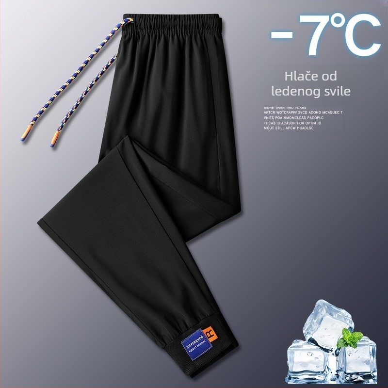 Muške ljetne sportske hlače, tanke Ice Silk, brzo sušeće, za trčanje i opušteno nošenje, širok kroj, duge hlače, visokim strukom, bez pojasa, model za parove