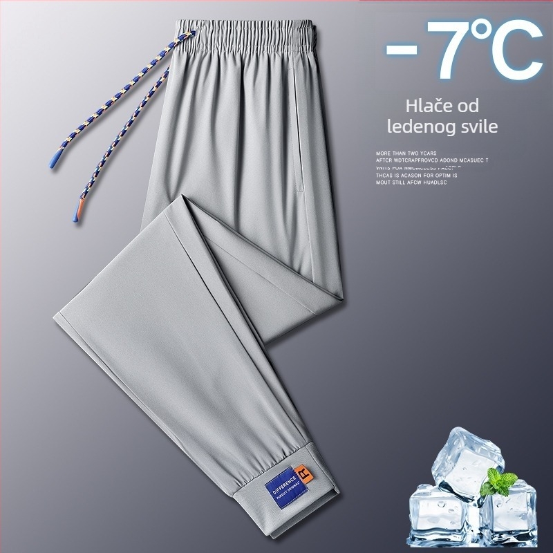 Muške ljetne sportske hlače, tanke Ice Silk, brzo sušeće, za trčanje i opušteno nošenje, širok kroj, duge hlače, visokim strukom, bez pojasa, model za parove