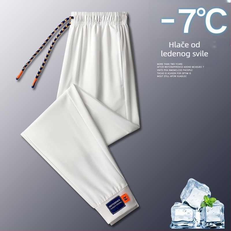 Muške ljetne sportske hlače, tanke Ice Silk, brzo sušeće, za trčanje i opušteno nošenje, širok kroj, duge hlače, visokim strukom, bez pojasa, model za parove