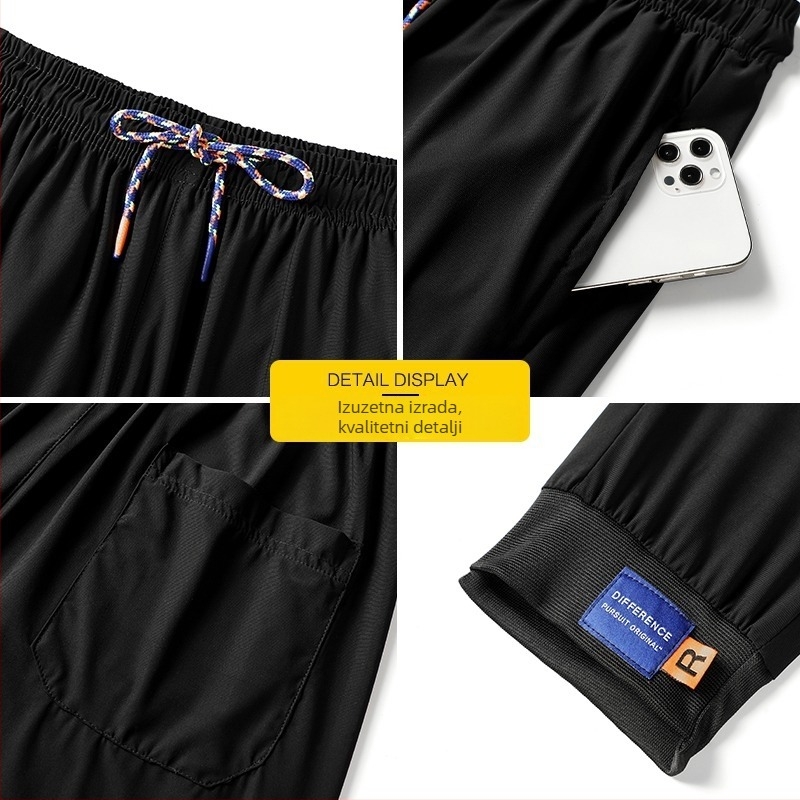 Muške ljetne sportske hlače, tanke Ice Silk, brzo sušeće, za trčanje i opušteno nošenje, širok kroj, duge hlače, visokim strukom, bez pojasa, model za parove