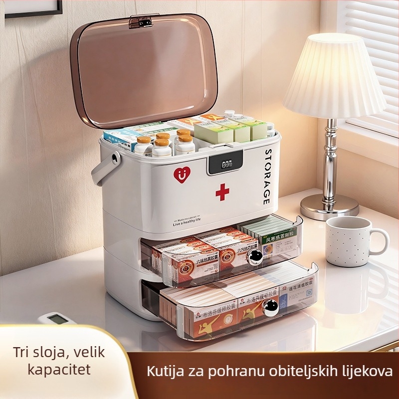 Prilagođena kutija za lijekove 2025 s bravom, slojevito skladištenje lijekova, velika veličina, elegantan kućni dizajn