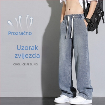 Muške traperice s uzorkom zvjezdane noći, jedne boje, retro hongkonški stil, udoban straight kroj