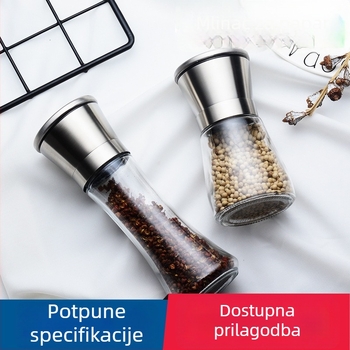 Ručni mlin za papar od nehrđajućeg čelika 304 s staklenim spremnikom za začine – kuhinjska posuda za začine, keramički mehanizam mljevenja, moguć personalizirani logo