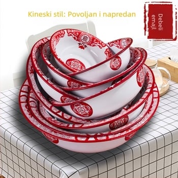Emajlirana velika jušna zdjela u antiknom stilu, debeli rub, crvena retro kineskog dizajna