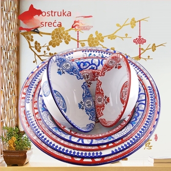Emajlirana velika jušna zdjela u antiknom stilu, debeli rub, crvena retro kineskog dizajna