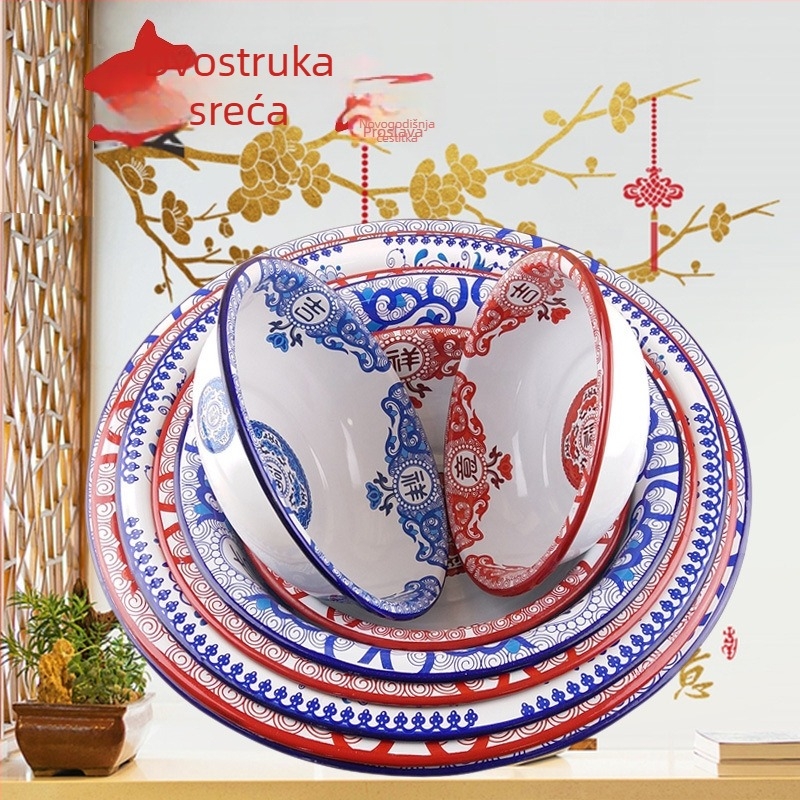 Emajlirana velika jušna zdjela u antiknom stilu, debeli rub, crvena retro kineskog dizajna