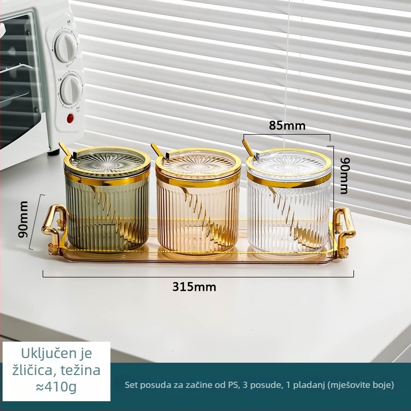 Set plastičnih posuda za začine — lagani luksuz za kućnu upotrebu, premijerne posude za kuhinjske začine s posudom za sojin sos i posudama za sol i pojačivač okusa.