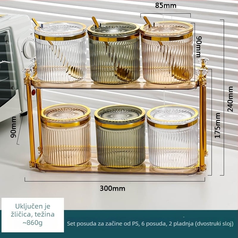 Set plastičnih posuda za začine — lagani luksuz za kućnu upotrebu, premijerne posude za kuhinjske začine s posudom za sojin sos i posudama za sol i pojačivač okusa.
