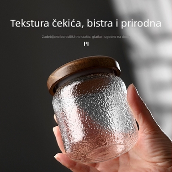 Staklena posuda za skladištenje od borosilikatnog stakla, s poklopcem od drveta akacije, okruglog oblika, reljefna tekstura, 350 ml