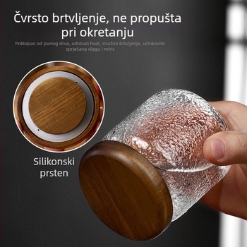 Staklena posuda za skladištenje od borosilikatnog stakla, s poklopcem od drveta akacije, okruglog oblika, reljefna tekstura, 350 ml