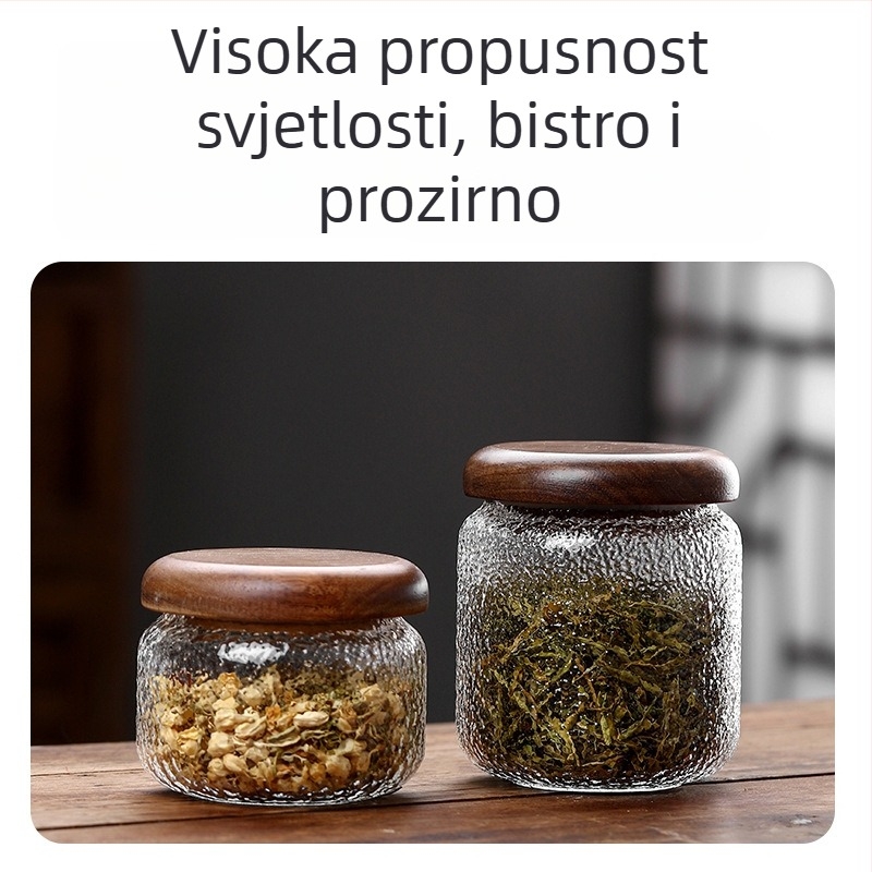 Staklena posuda za skladištenje od borosilikatnog stakla, s poklopcem od drveta akacije, okruglog oblika, reljefna tekstura, 350 ml