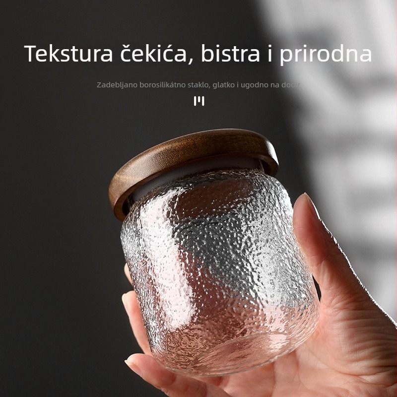Staklena posuda za skladištenje od borosilikatnog stakla, s poklopcem od drveta akacije, okruglog oblika, reljefna tekstura, 350 ml