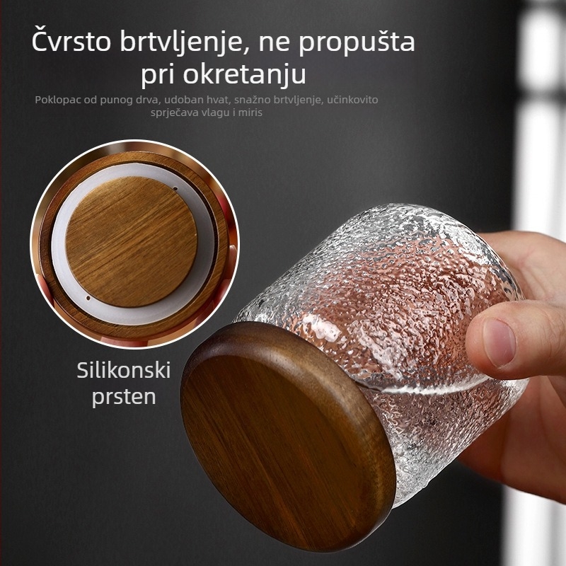 Staklena posuda za skladištenje od borosilikatnog stakla, s poklopcem od drveta akacije, okruglog oblika, reljefna tekstura, 350 ml