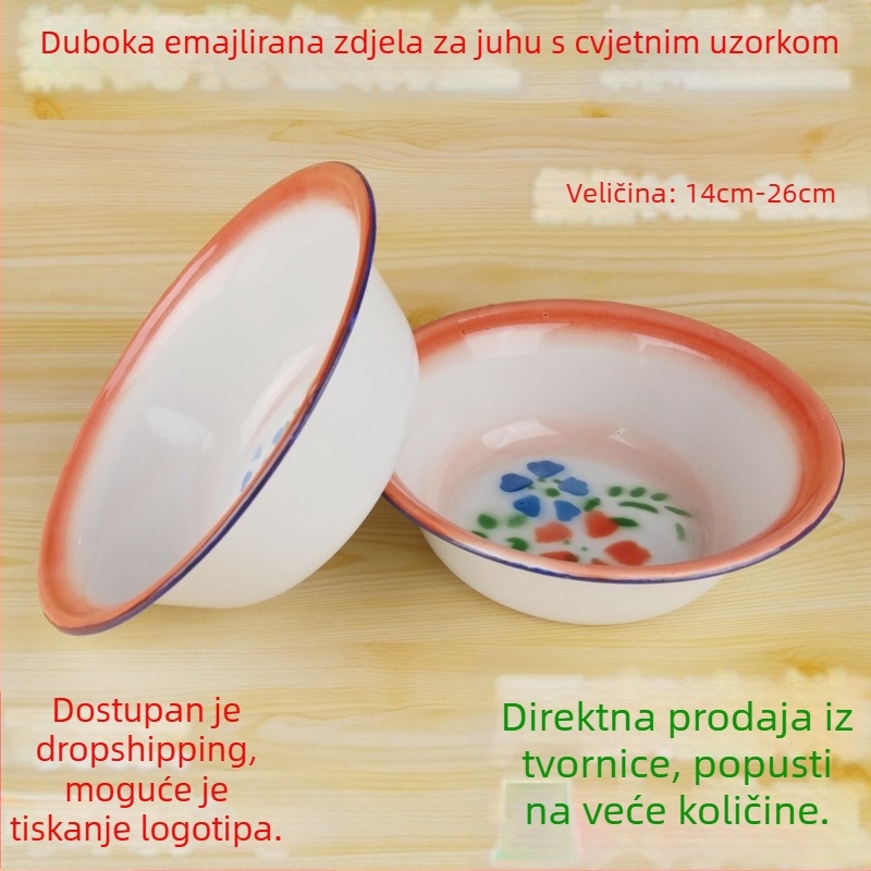 Debela, duboka emajlirana zdjela s cvjetnim uzorkom, retro stil, za kućnu i restoransku upotrebu; riža ili juha, s logom, promjer oko 20 cm.