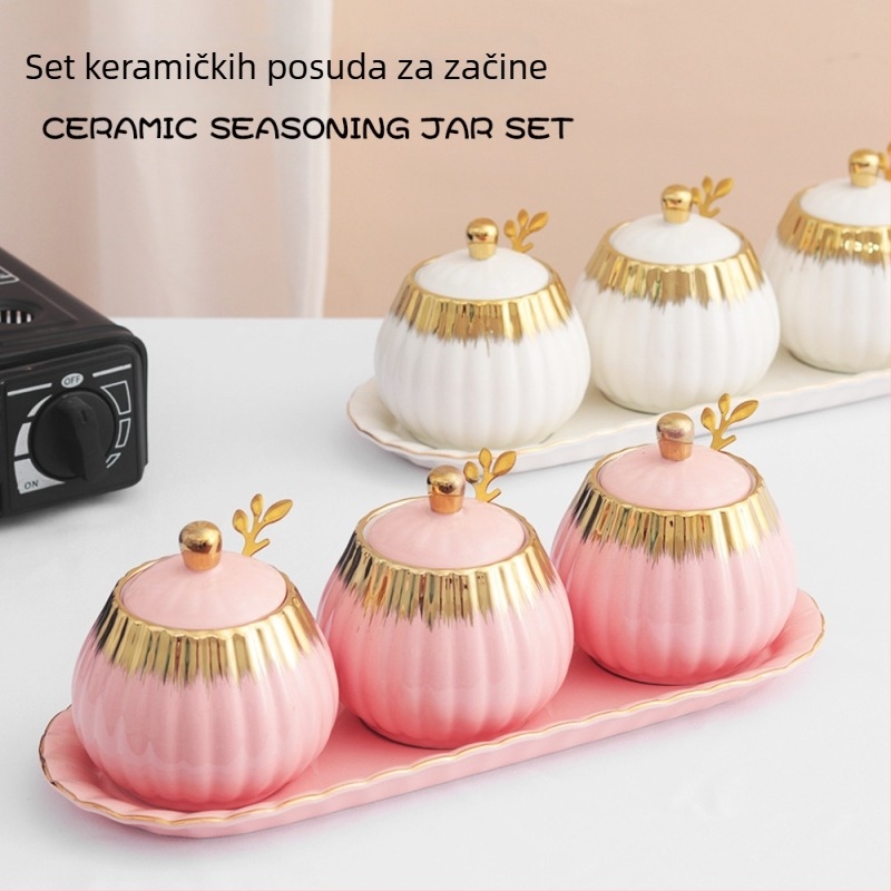 Keramički set začinskih posuda u laganom luksuznom stilu, elektroplatinirana kutija za začine, nordijski solni spremnik, kuhinjski komplet