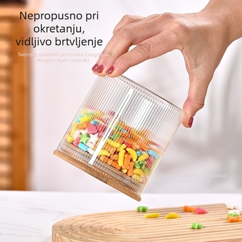 Staklena posuda s kapom od bambusa i drvenom žlicom, za zrna kave i začine, s vertikalnim prugama