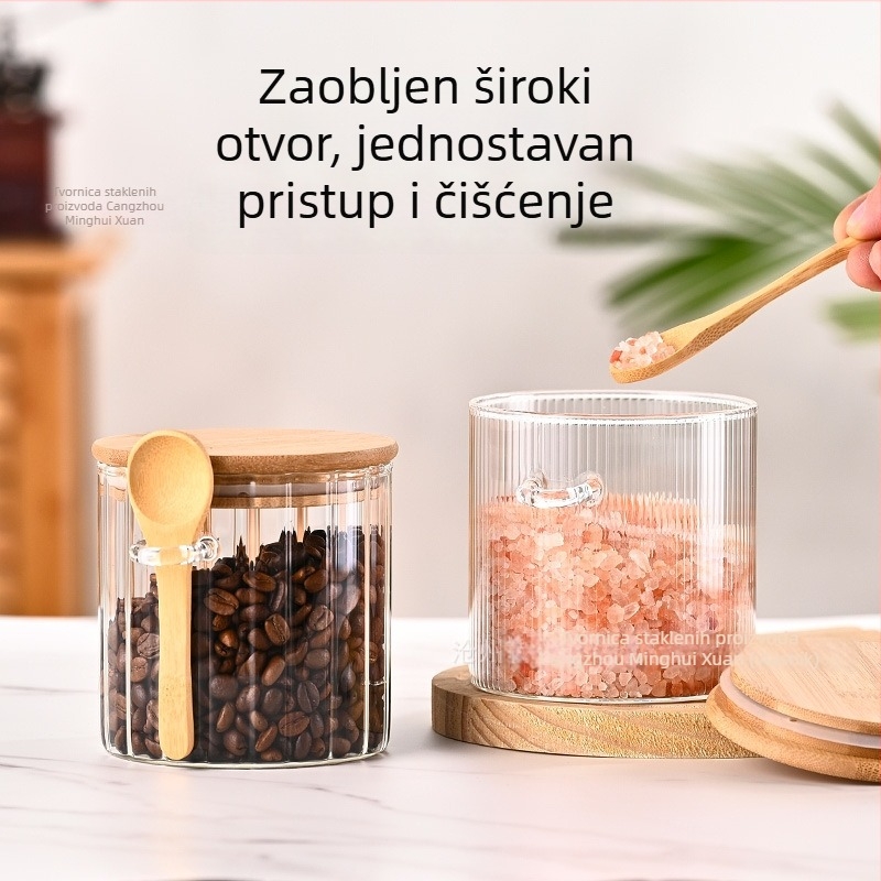Staklena posuda s kapom od bambusa i drvenom žlicom, za zrna kave i začine, s vertikalnim prugama