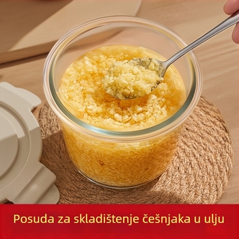 Okrugla staklena posuda za hladnjak sa poklopcem, širokim otvorom, češnjak namočen u ulju