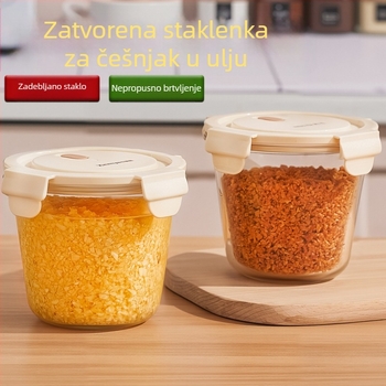 Okrugla staklena posuda za hladnjak sa poklopcem, širokim otvorom, češnjak namočen u ulju