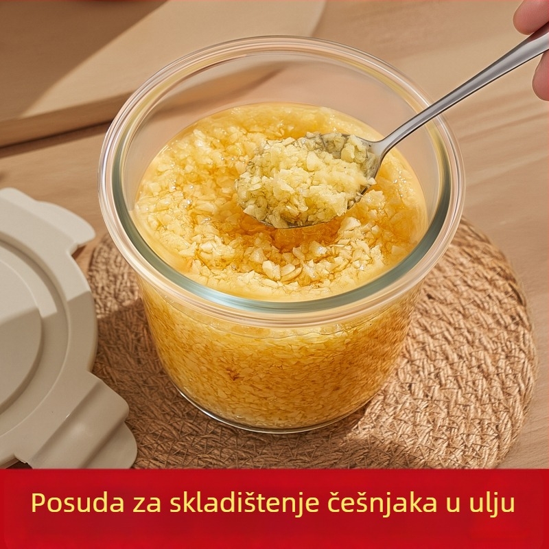 Okrugla staklena posuda za hladnjak sa poklopcem, širokim otvorom, češnjak namočen u ulju