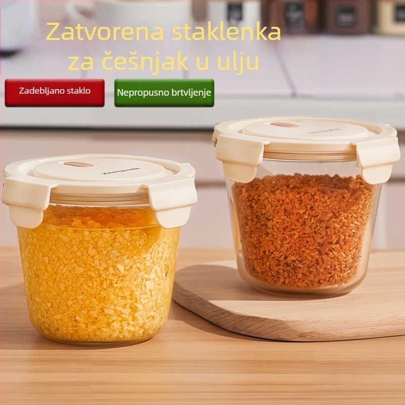 Okrugla staklena posuda za hladnjak sa poklopcem, širokim otvorom, češnjak namočen u ulju