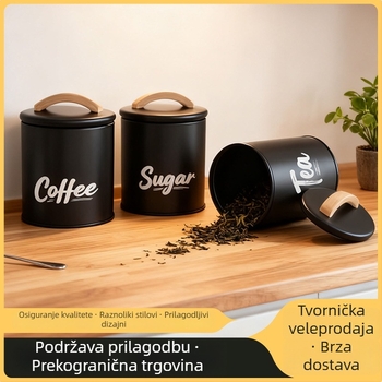 Set zatvorenih posuda za kuhinju — okrugle posude za čaj, kavu i začine s retro drvenim ručkama