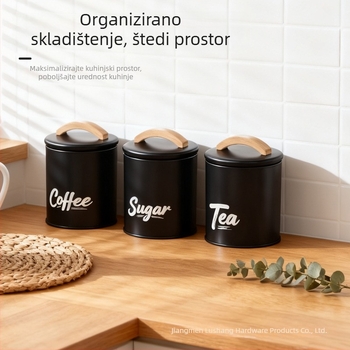 Set zatvorenih posuda za kuhinju — okrugle posude za čaj, kavu i začine s retro drvenim ručkama