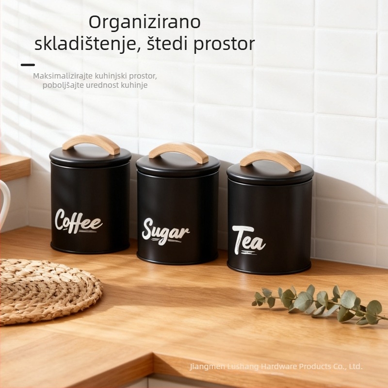 Set zatvorenih posuda za kuhinju — okrugle posude za čaj, kavu i začine s retro drvenim ručkama