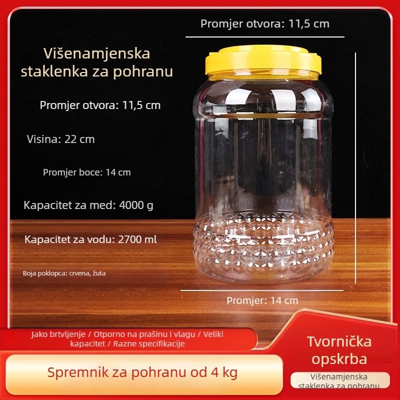 Plastična boca za med, 4 kg, prozirna PET posuda za skladištenje sa širokim otvorom od 11,5 cm i poklopcem