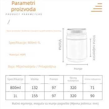 Plastični spremnik sa širokim otvorom za pakiranje hrane i kemikalija, kapacitet 800 ml / 1 L / 2 L, s poklopcem, model ZF-1LB, PP