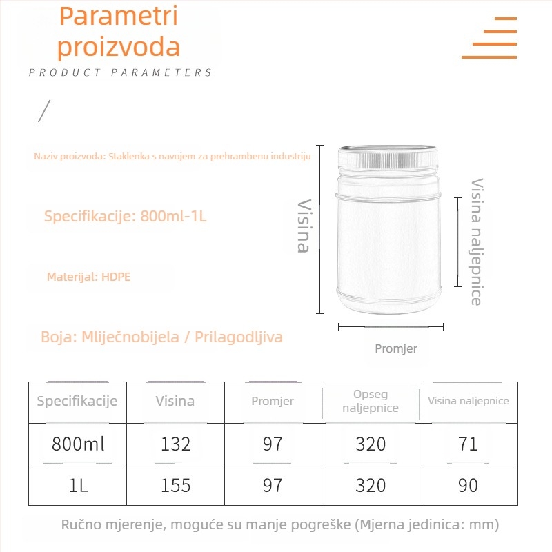 Plastični spremnik sa širokim otvorom za pakiranje hrane i kemikalija, kapacitet 800 ml / 1 L / 2 L, s poklopcem, model ZF-1LB, PP