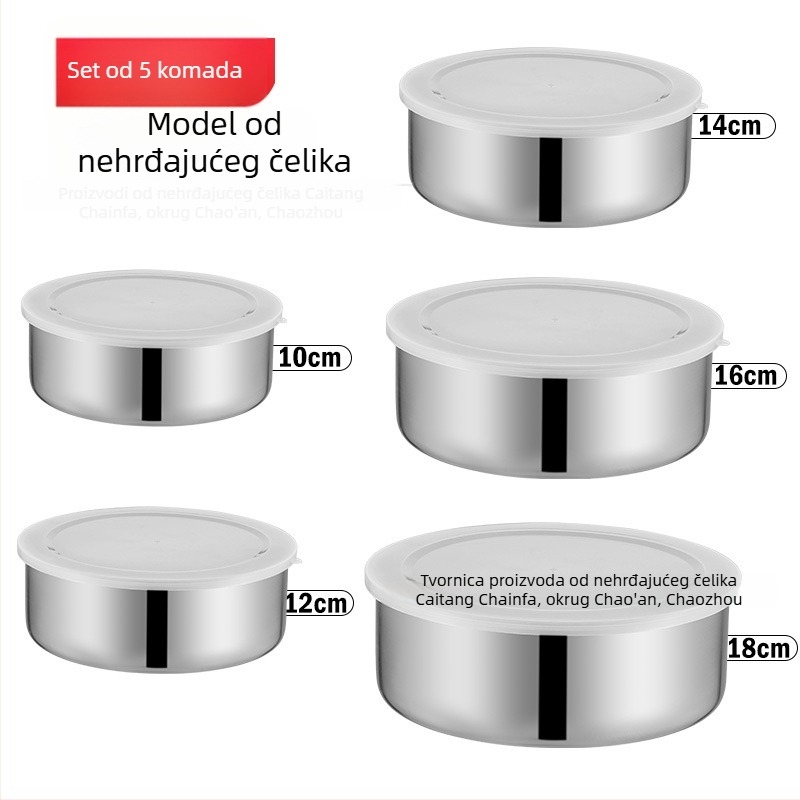 Pet-dijelni set posuda od nehrđajućeg čelika s poklopcima, okruglog oblika
