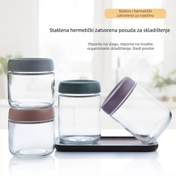 Staklena posuda s čepom za kuhinju — jogurt, zobene pahuljice, zrna kave, orašasti plodovi i grickalice; otporna na vlagu, cilindrični oblik, kapacitet 301–500 ml