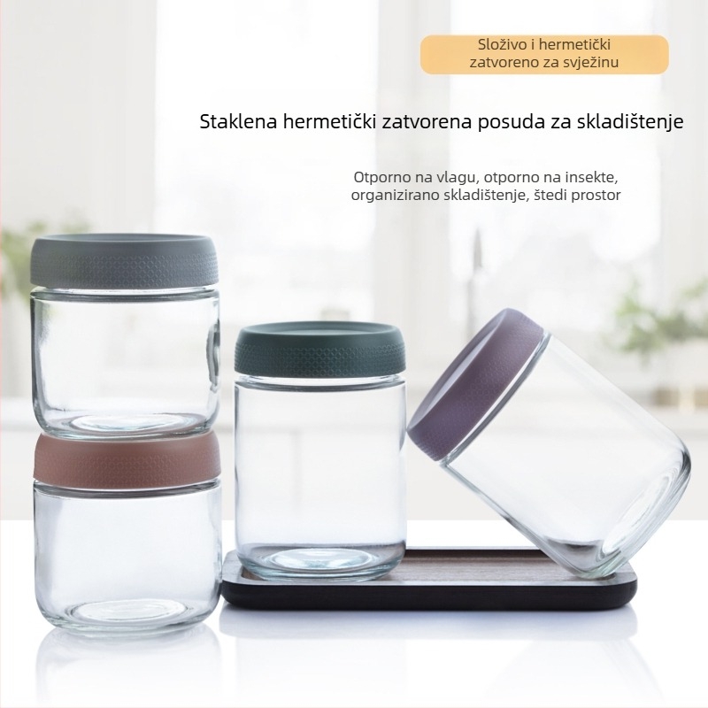 Staklena posuda s čepom za kuhinju — jogurt, zobene pahuljice, zrna kave, orašasti plodovi i grickalice; otporna na vlagu, cilindrični oblik, kapacitet 301–500 ml
