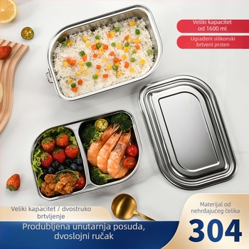 Kutija za obrok od 304 nehrđajućeg čelika sa zatvorenim pregradama, dvostruki sloj, prijenosna za dom, fakultet i ured