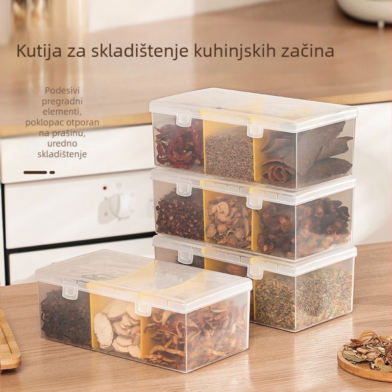 Kvadratna posuda za začine s poklopcem i podijeljenim pretincima za papar, anis i sušene čilije, PP kutija za pohranu 301-500 ml