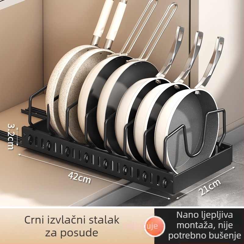 Kuhinjski izlazni organizator za poklopce lonaca od ugljičnog čelika, tih, podesiv