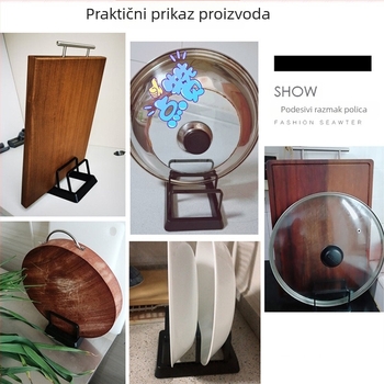 Na ploči kuhinjski držač noževa s integriranom daskom za rezanje i držačem poklopaca lonaca