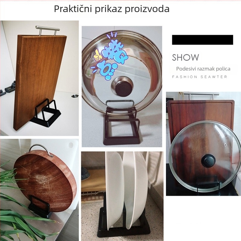 Na ploči kuhinjski držač noževa s integriranom daskom za rezanje i držačem poklopaca lonaca