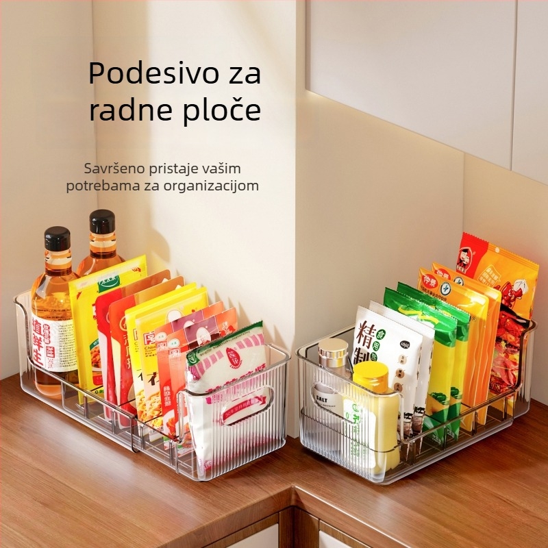 Proširivi stalak za začine u kuhinji s dijelnikom, prozirna kutija za pohranu unutar ormarića
