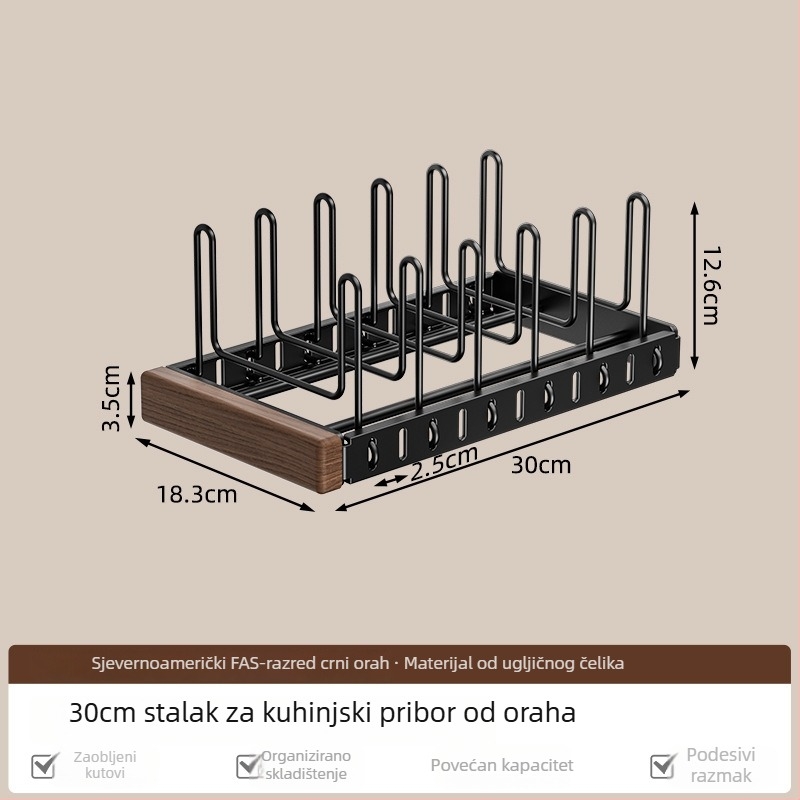 Orahovo drveni kuhinjski regal za pohranu posuđa, organizator na radnoj površini, stalak za lonce, stalak za tanjure i poklopce