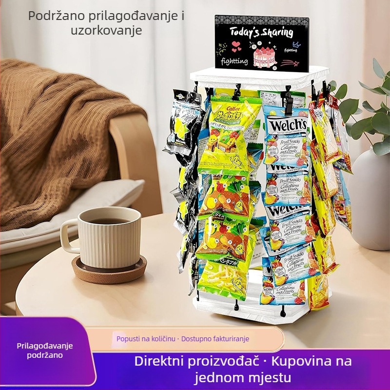 Drveni regaľ za grickalice s klipsom i mogućnošću vješanja, okretni izložbeni stalak za čips i slatkiše