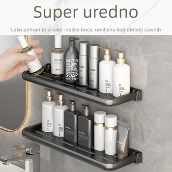 Sklopivi zidni kupaonski stalak za umivaonik i WC, Space aluminij, montaža ljepilom, minimalistički stil, 1 polica