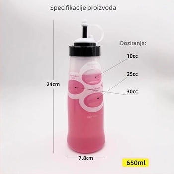 Posuda za umake s mjernom kapom, džem od rajčice, preljev za salatu i sojin sos, kuhinjski začini.