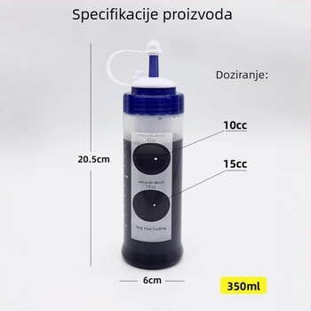 Posuda za umake s mjernom kapom, džem od rajčice, preljev za salatu i sojin sos, kuhinjski začini.