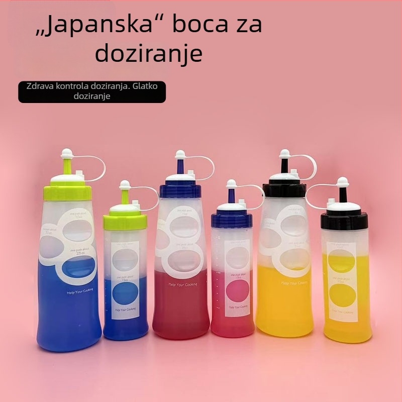 Posuda za umake s mjernom kapom, džem od rajčice, preljev za salatu i sojin sos, kuhinjski začini.