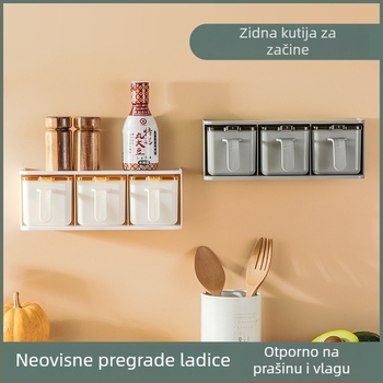 Kreativni zidni organizator začina bez bušenja, kuhinjski spremnik sa ladicom za sol, šećer i tri vrste začina.