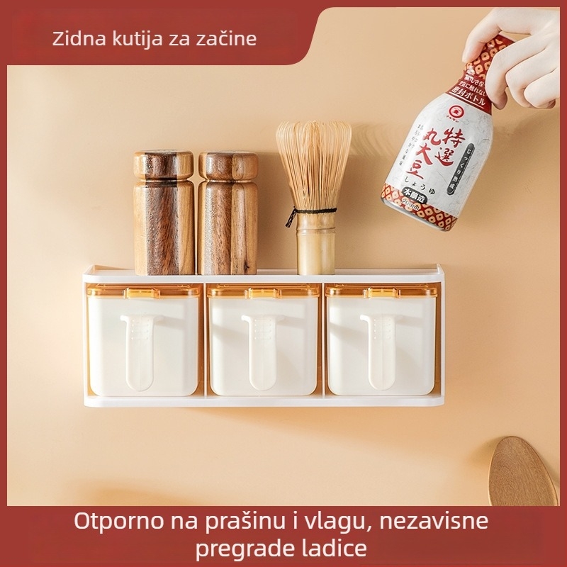 Kreativni zidni organizator začina bez bušenja, kuhinjski spremnik sa ladicom za sol, šećer i tri vrste začina.