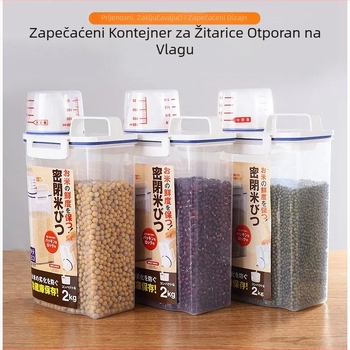 Plastična posuda za rižu u japanskom stilu, prijenosna i zatvara se, s mernom posudom, otporna na vlagu i štetnike, kuhinjska kutija za pohranu žitarica