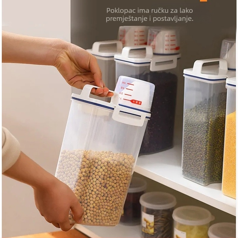 Plastična posuda za rižu u japanskom stilu, prijenosna i zatvara se, s mernom posudom, otporna na vlagu i štetnike, kuhinjska kutija za pohranu žitarica